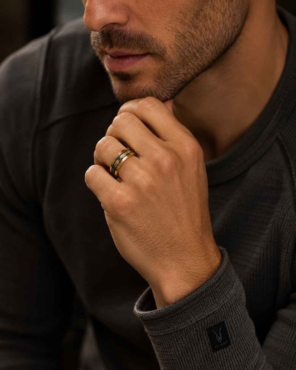 The Sovereign Vein | Damascus Ring with Genuine Meteorite & Gold Flakes Inlay | 6mm, 8mm