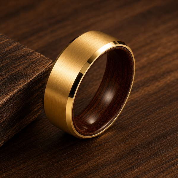 The Maverick | Brushed Gold & Whiskey Barrel Wood Ring | Men's Wedding Band | 6mm, 8mm