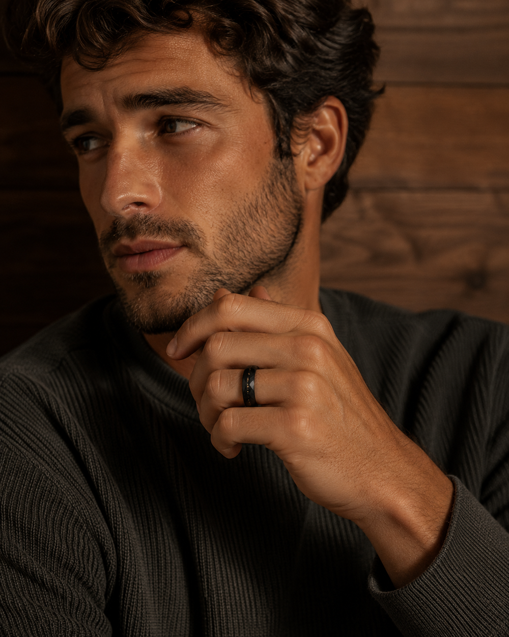 The Imperial Ember | Damascus Ring with Genuine Meteorite & Gold Inlay | 6mm, 8mm