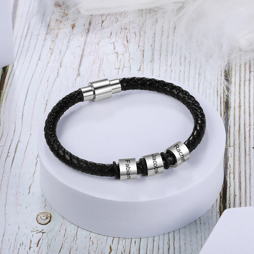 Personalized Engraveable Name Stainless Steel Beads Black Leather Bracelet - Abrahamallen