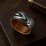 The Iron Oak | Damascus Pattern Ring with Whiskey Barrel Wood Interior | 6mm, 8mm
