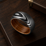 The Iron Oak | Damascus Pattern Ring with Whiskey Barrel Wood Interior | 6mm, 8mm