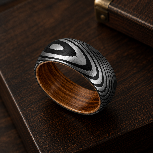 The Iron Oak | Damascus Pattern Ring with Whiskey Barrel Wood Interior | 6mm, 8mm