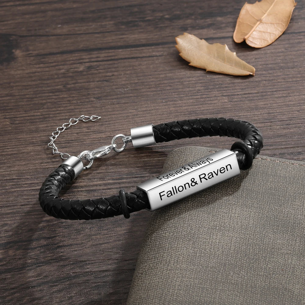 Personalized Engraveable Name Bar 4 Side Black Leather Bracelet - Abrahamallen