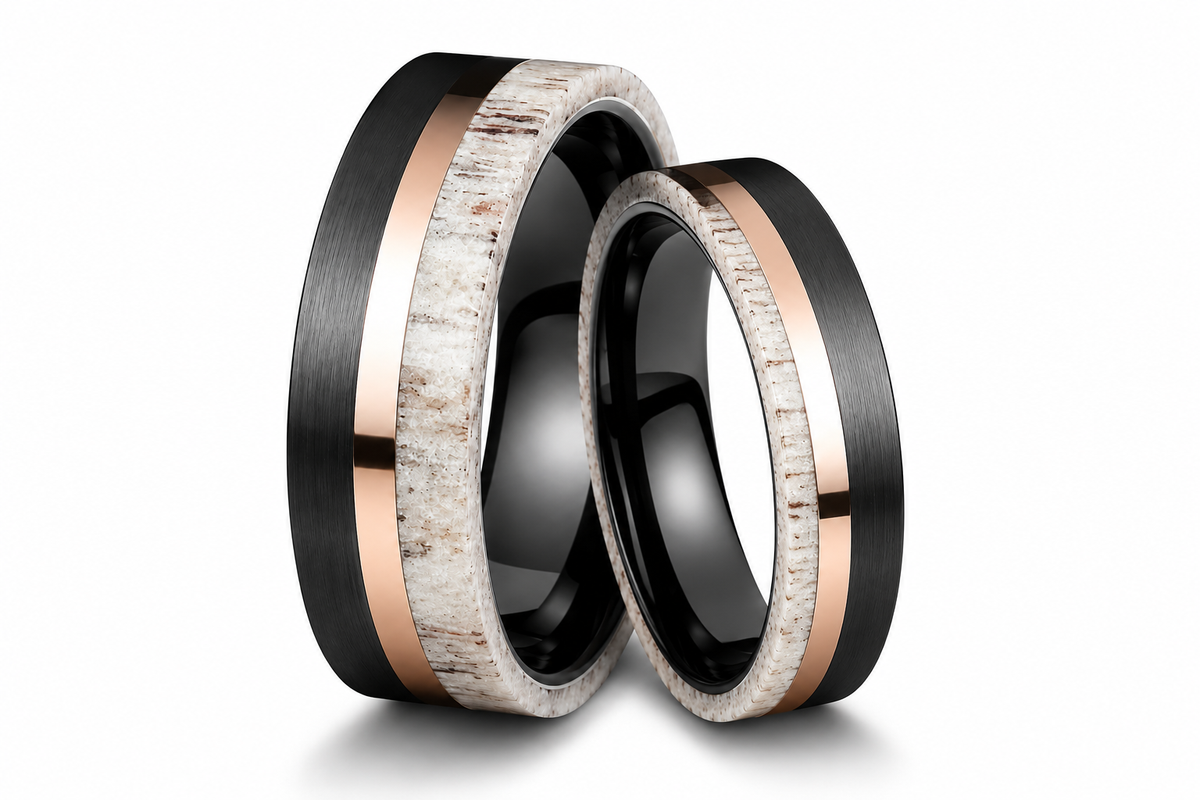 The Oakheart Set | Black Tungsten • Rose Gold • Genuine Antler Inlay | 4mm & 6mm