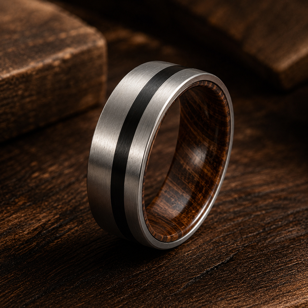The Gentleman | Silver Whiskey Barrel Wood Ring with Black Inlay | 8mm