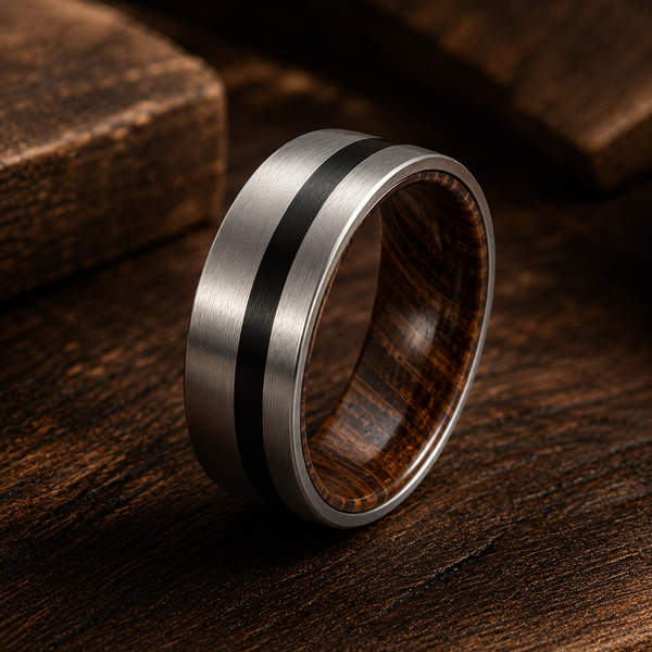 The Gentleman | Silver Whiskey Barrel Wood Ring with Black Inlay | 8mm