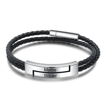 Personalized Engraveable Name Stainless Steel Bar Black Leather Bracelets - Abrahamallen