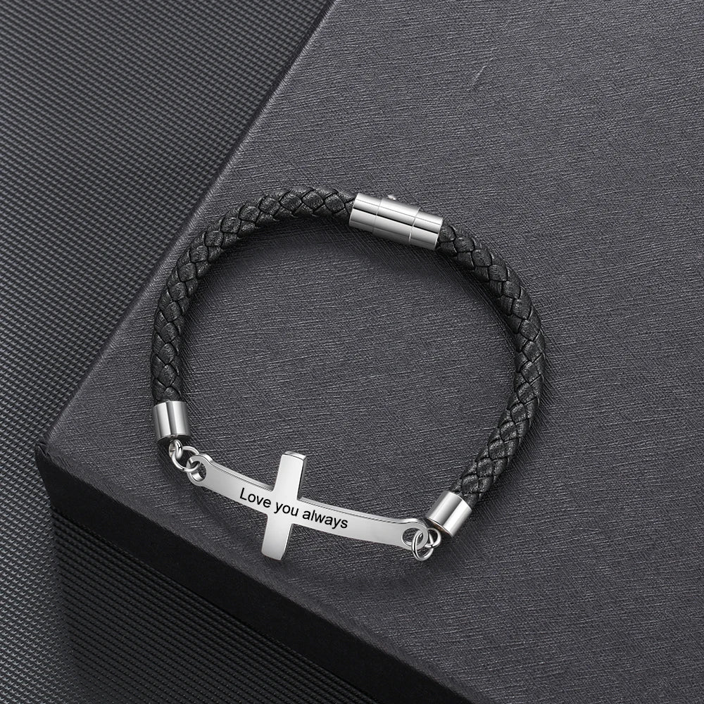 Personalized Engraveable Cross Name Vintage Black Leather Bracelets - Abrahamallen