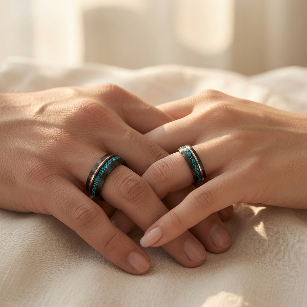 The Azure Legacy Set | Black Tungsten & Turquoise Wedding Rings | 4mm & 6mm