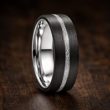The Noir | Brushed Tungsten Ring with Silver Carbon Inlay | 8mm