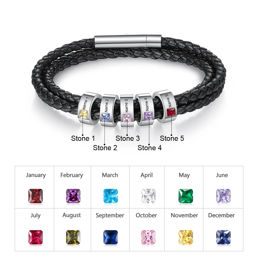 Personalized Engraveable Name Birthstone Black Multilayer Leather Bracelet - Abrahamallen