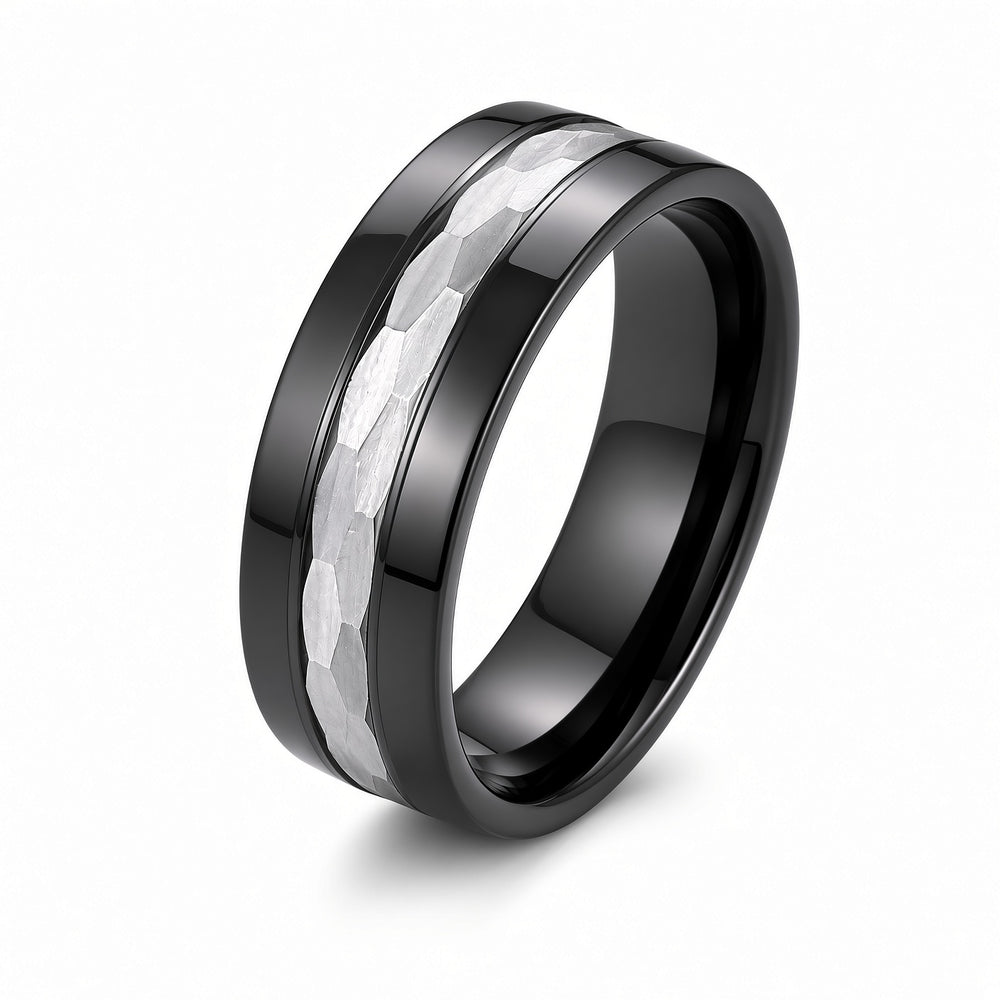 The Nightforge | Black Titanium Wedding Ring with Hammered Centre Inlay