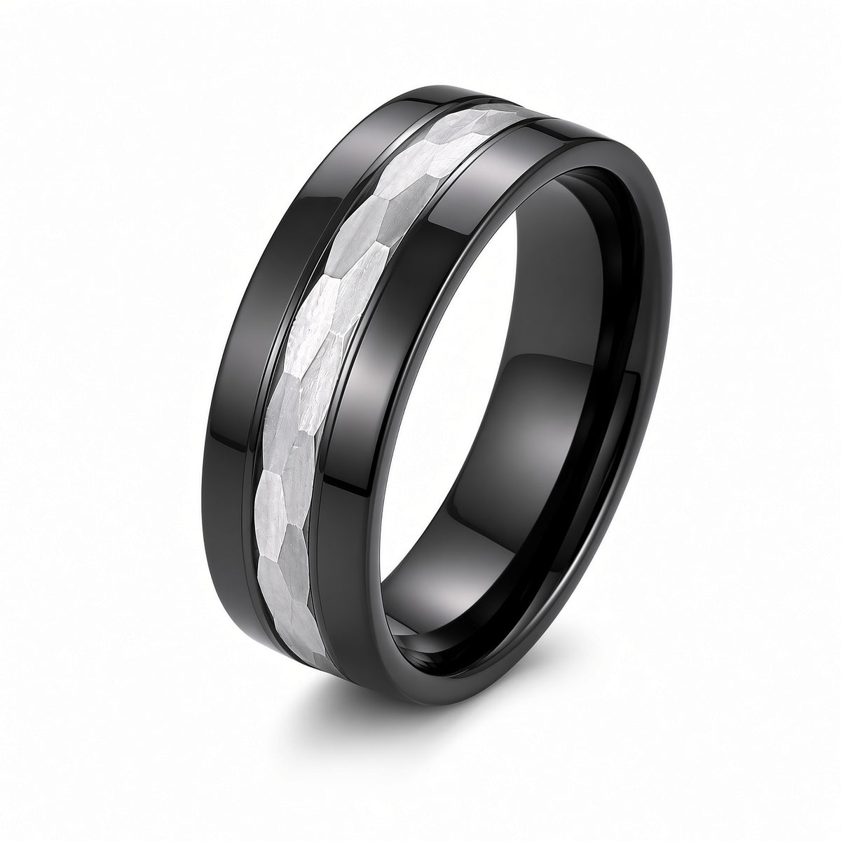 The Nightforge | Black Titanium Wedding Ring with Hammered Centre Inlay
