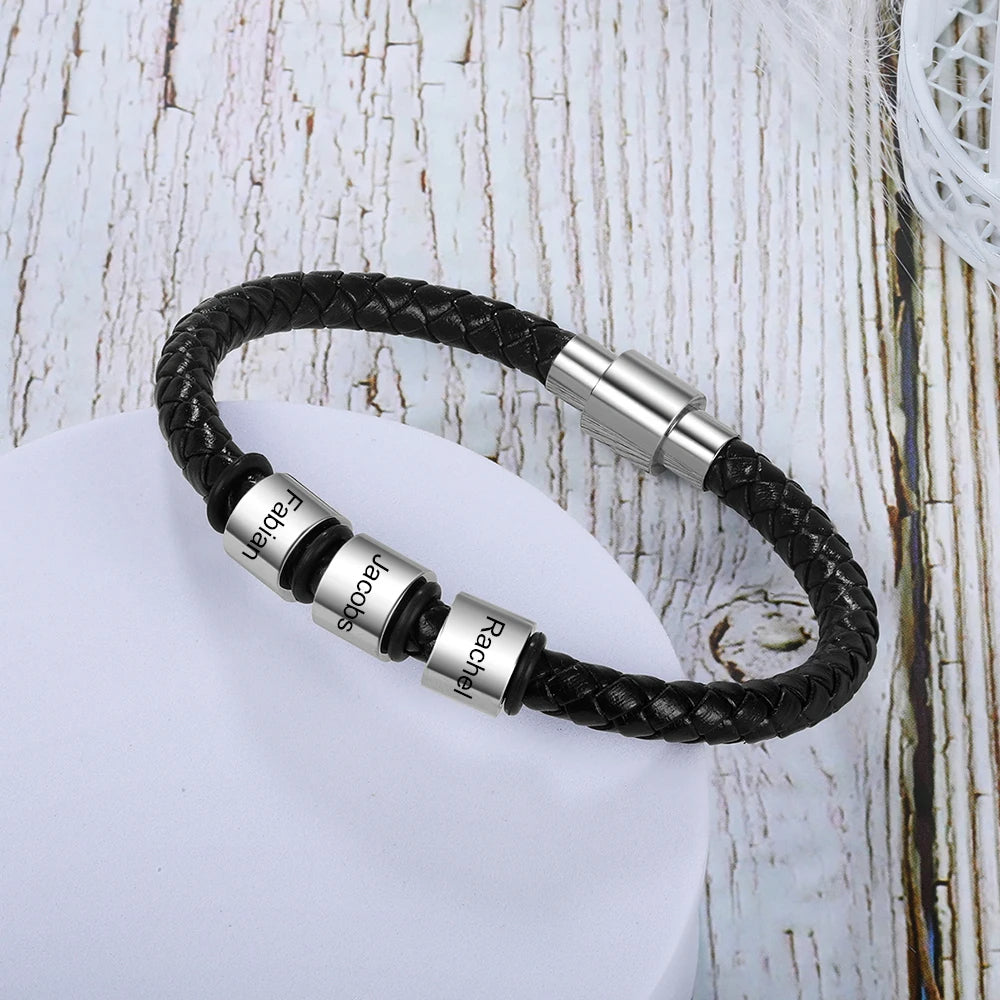 Personalized Engraveable Name Stainless Steel Beads Black Leather Bracelet - Abrahamallen