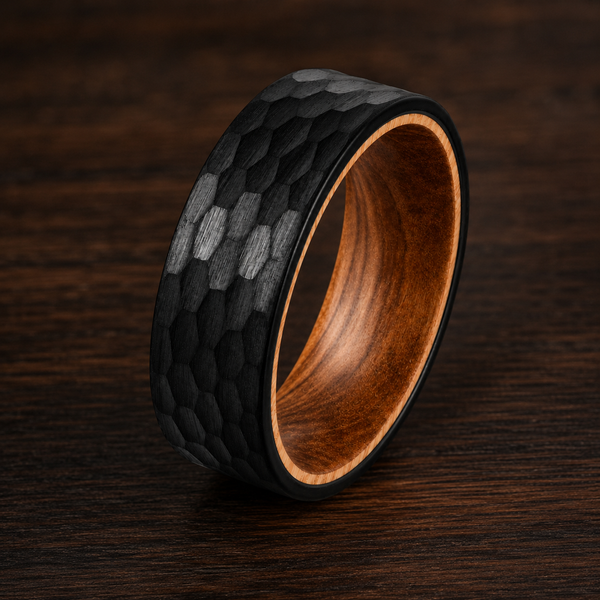 The Black Barrel | Hammered Whiskey Barrel Wood Ring