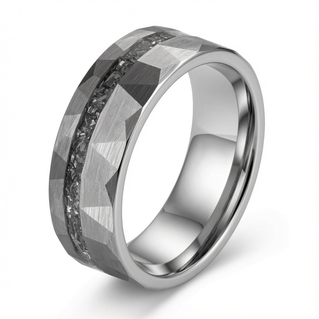 The Astraeus | Meteorite Inlay Faceted Tungsten Wedding Ring