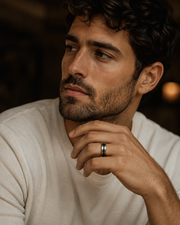 The Gentleman | Silver Whiskey Barrel Wood Ring with Black Inlay | 8mm