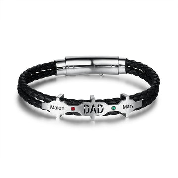 Personalized Designer Engraveable Name with 2 Birthstones Black Leather Bracelets - Abrahamallen