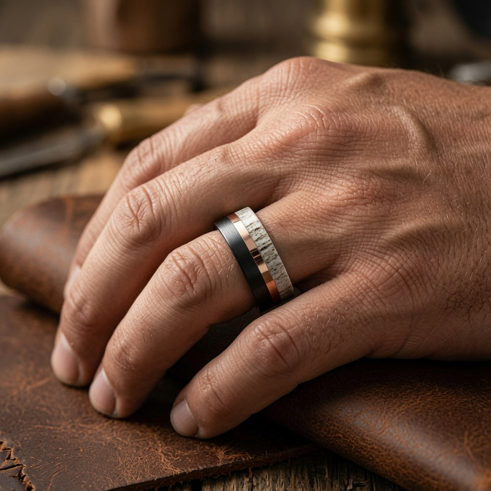 The Oakheart Set | Black Tungsten • Rose Gold • Genuine Antler Inlay | 4mm & 6mm