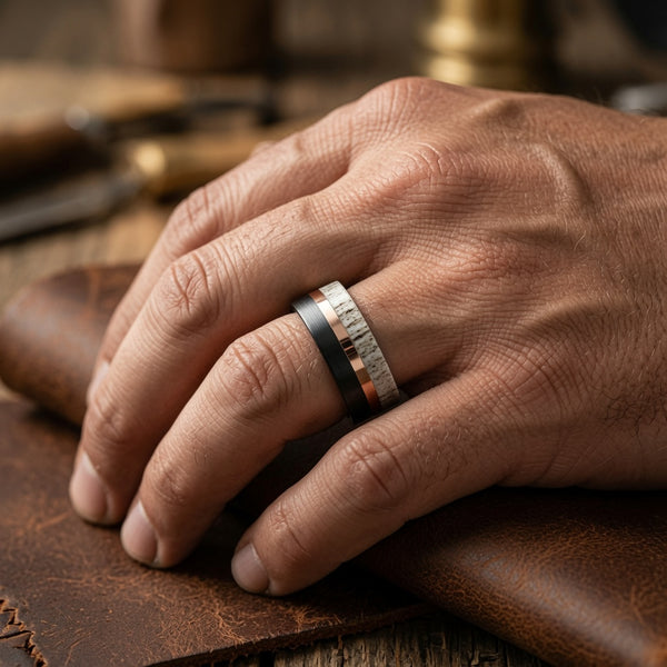 The Oakheart Set | Black Tungsten • Rose Gold • Genuine Antler Inlay | 4mm & 6mm