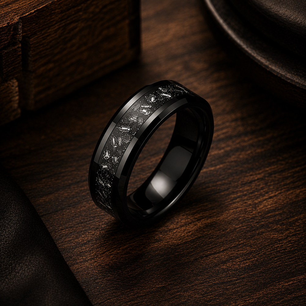 The Obsidian Celestial | Black Tungsten Carbide Meteorite Ring | 6mm, 8mm