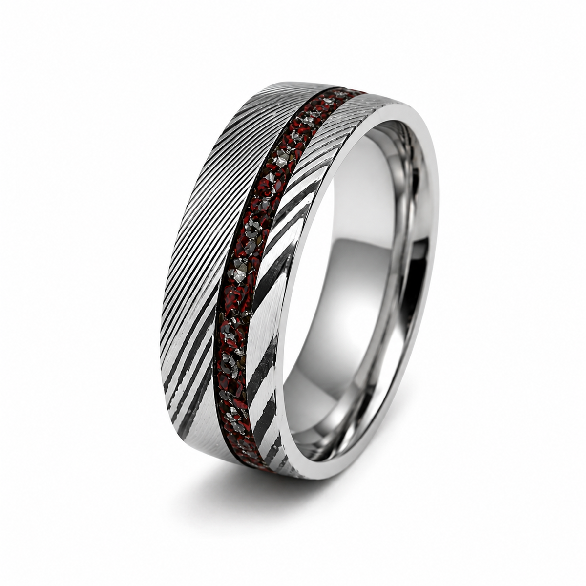 The Phantom | Damascus Steel Ring with Genuine Meteorite Inlay | 8mm