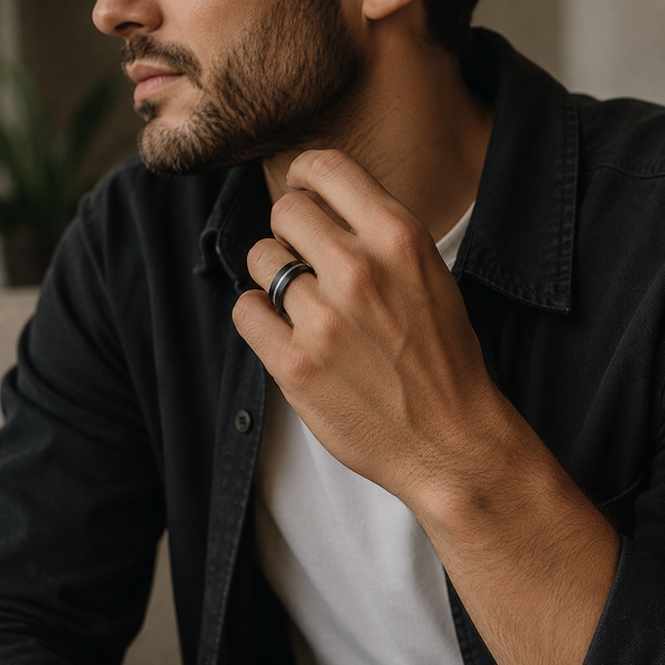 The Noir | Brushed Tungsten Ring with Silver Carbon Inlay | 8mm
