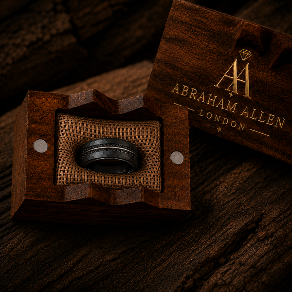 The Onyx | Black Tungsten Wedding Band with Guitar String Inlay, Classic Groove & Hammered Finish | 8mm
