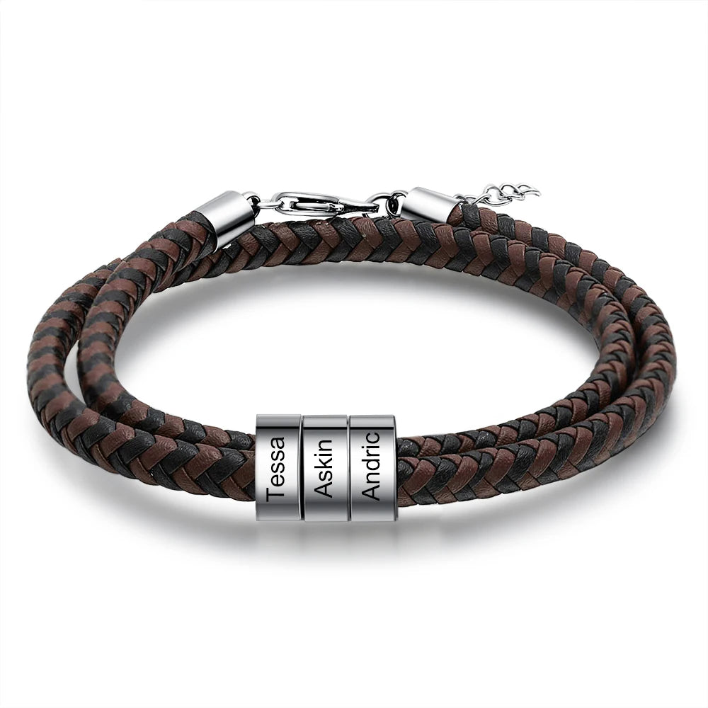 Personalized Engraveable Name Black Brown Braided Leather Bracelet - Abrahamallen