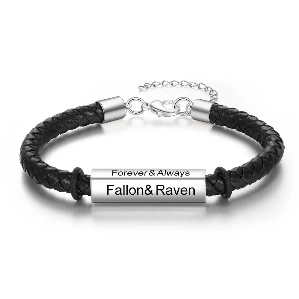 Personalized Engraveable Name Bar 4 Side Black Leather Bracelet - Abrahamallen