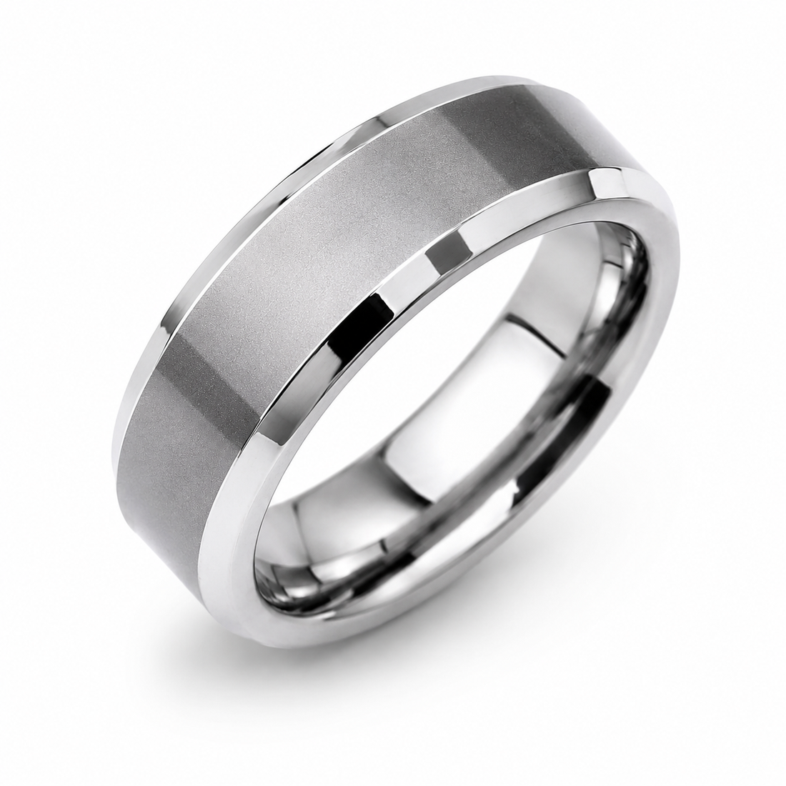 The Harrington | Silver Tungsten Wedding Ring with Polished Bevelled Edges