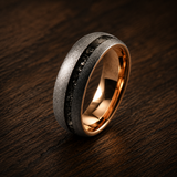 The Eventide| Blasted Tungsten Ring with Meteorite Inlay & 18K Rose Gold Interior | 8mm