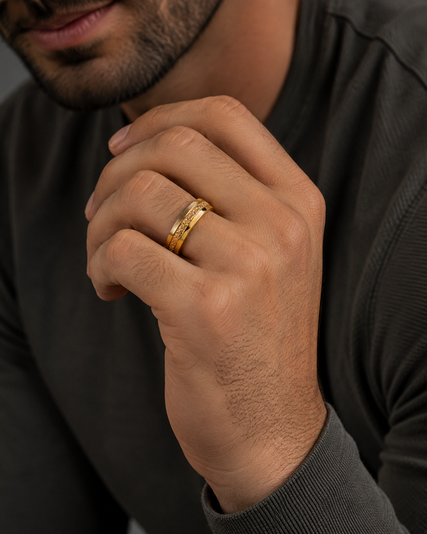 The Crownsmith | Gold Damascus Ring with Crushed Gold Inlay | 8mm