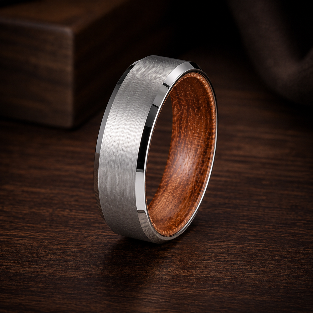 The Cooper | Whiskey Barrel Wood & Brushed Silver Tungsten Ring | 6mm, 8mm