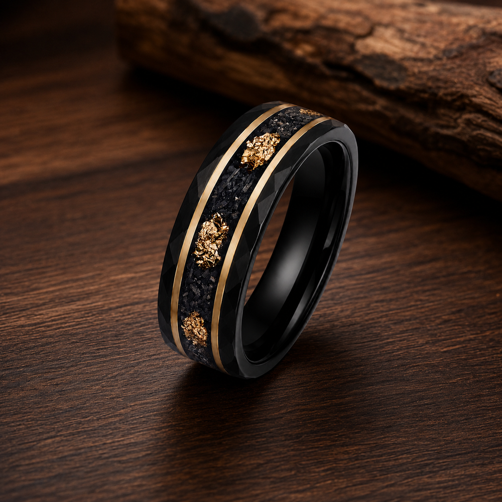 The Dynasty Couples Set | Black Faceted Tungsten Wedding Rings with Genuine Meteorite & 24K Gold Leaf Inlay