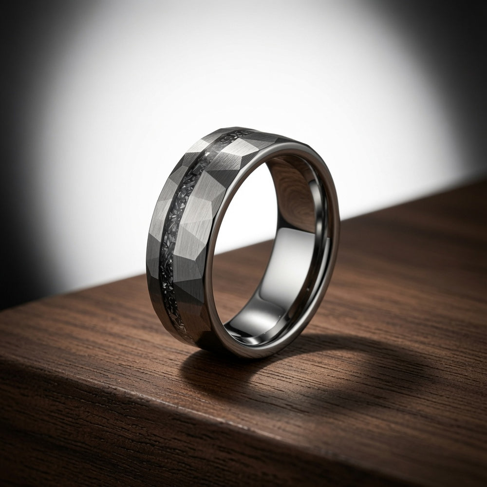 The Astraeus | Meteorite Inlay Faceted Tungsten Wedding Ring
