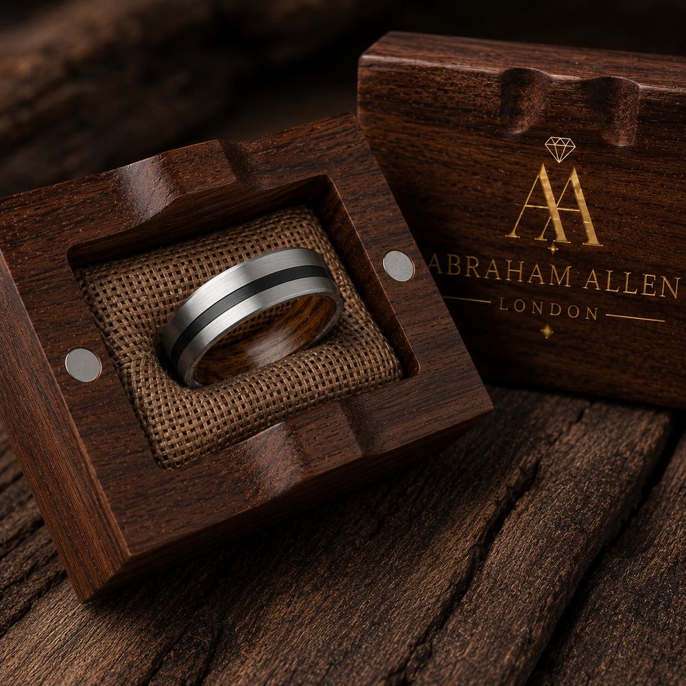 The Gentleman | Silver Whiskey Barrel Wood Ring with Black Inlay | 8mm