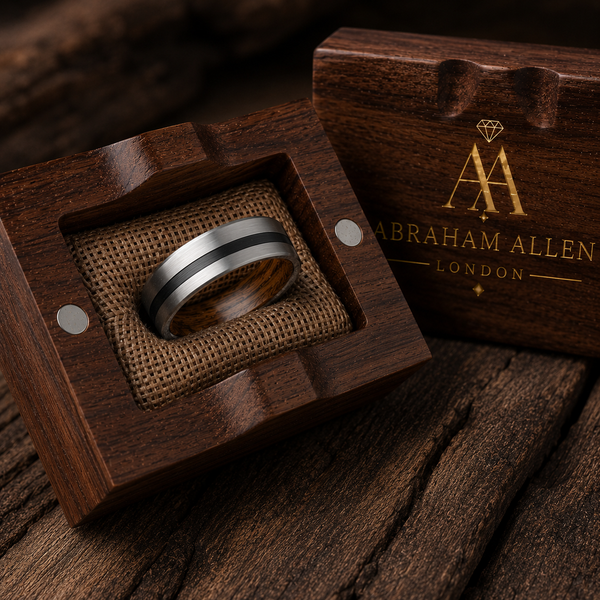 The Gentleman | Silver Whiskey Barrel Wood Ring with Black Inlay | 8mm