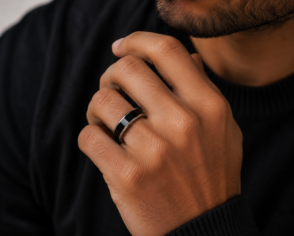 THE BLACKWELL EDGE | Black Tungsten Wedding Ring with Polished Silver Edges