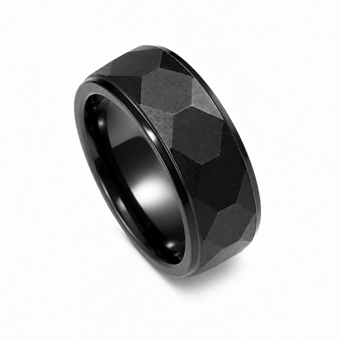 THE BLACKSTONE | Faceted Black Tungsten Wedding Ring