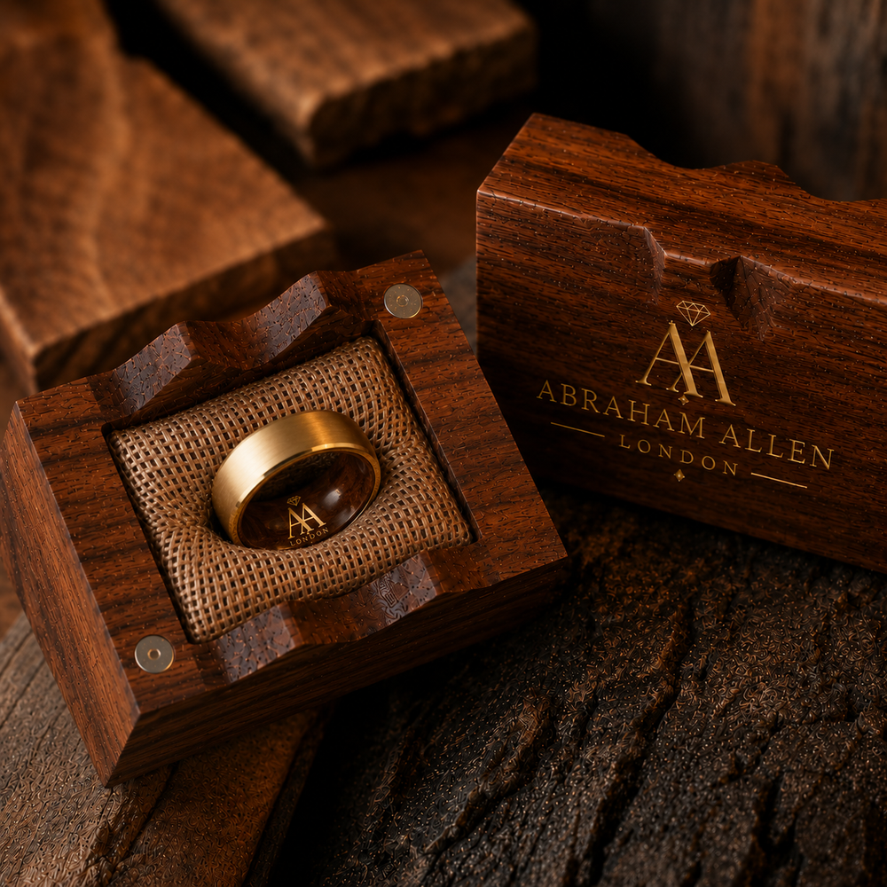 The Maverick | Brushed Gold & Whiskey Barrel Wood Ring | Men's Wedding Band | 6mm, 8mm