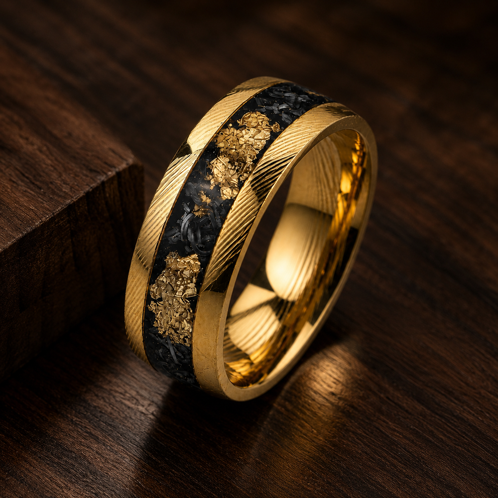 The Sovereign Vein | Damascus Ring with Genuine Meteorite & Gold Flakes Inlay | 6mm, 8mm