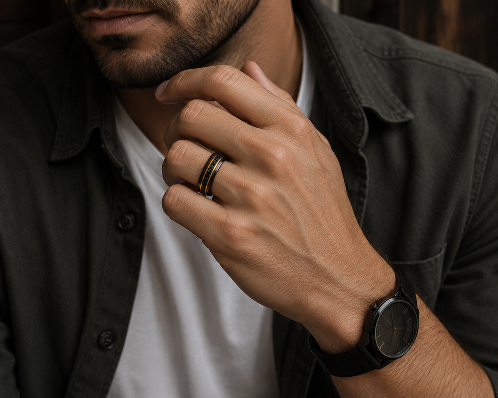 The Orion | Black Tungsten, Meteorite & Exotic Wood Wedding Band | 6mm, 8mm