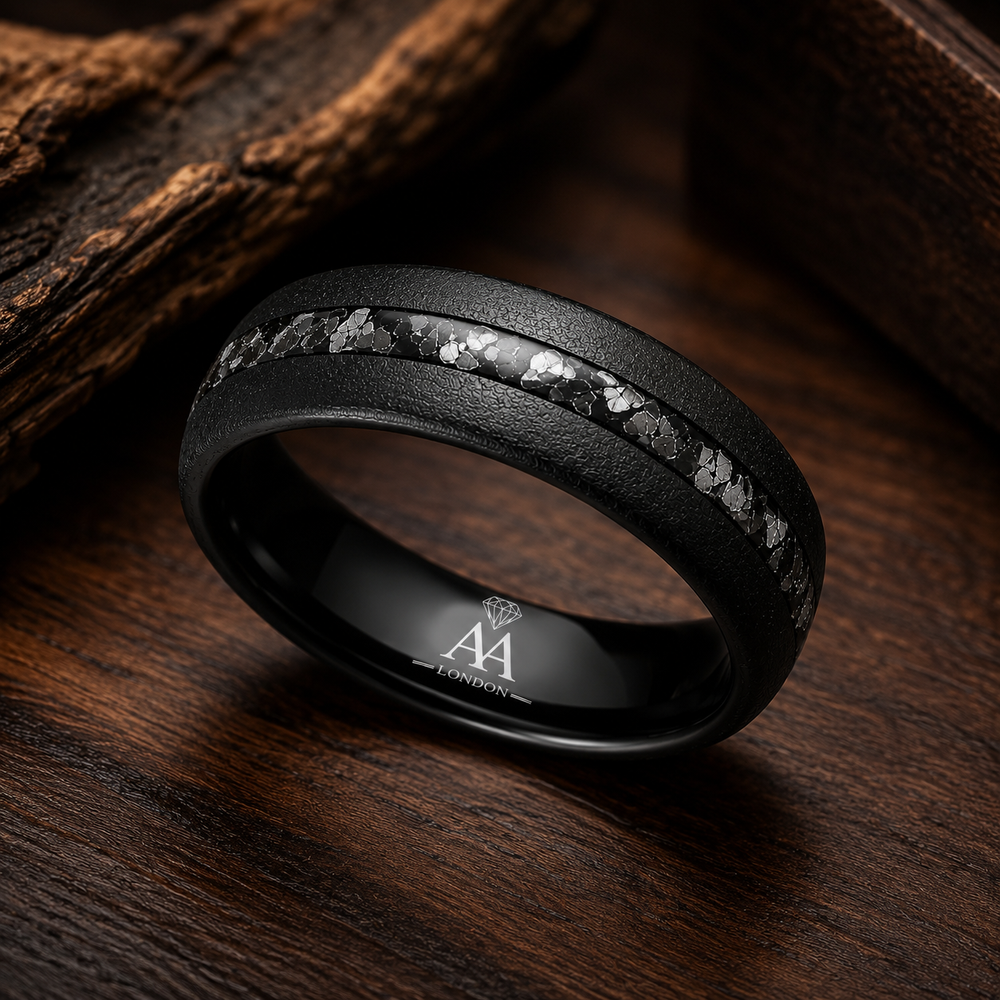 The Astral | Black Tungsten & Crushed Meteorite Inlay Ring | 6mm, 8mm