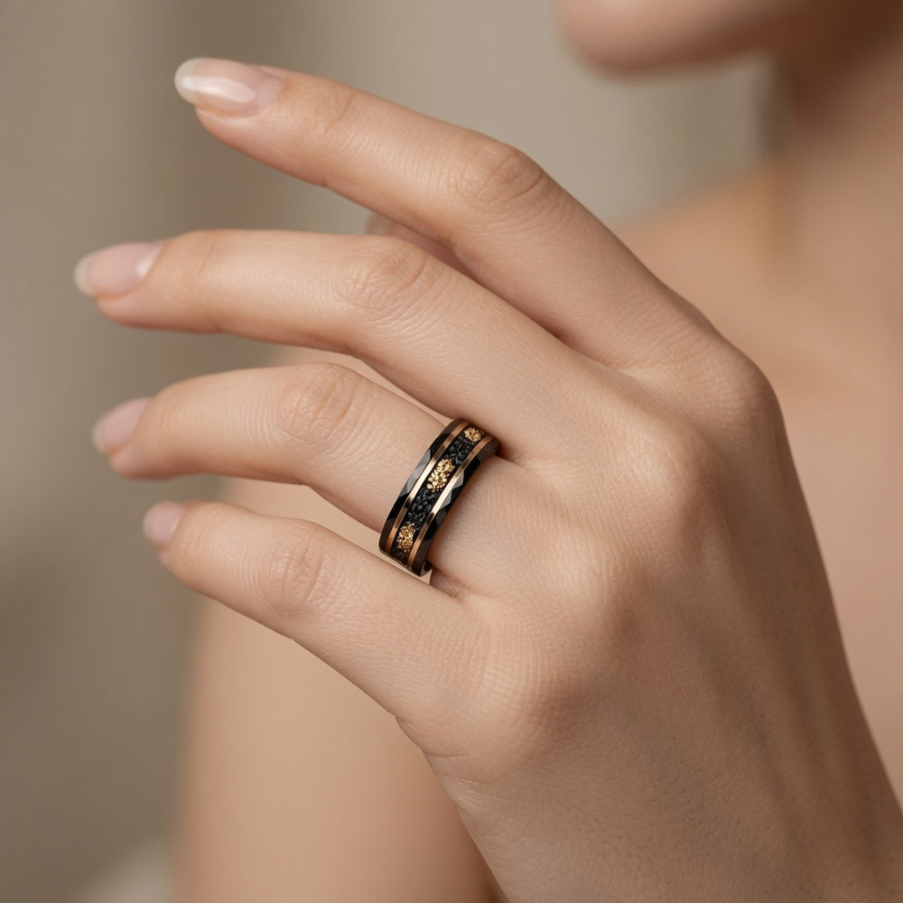 The Dynasty Couples Set | Black Faceted Tungsten Wedding Rings with Genuine Meteorite & 24K Gold Leaf Inlay