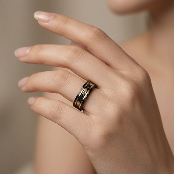 The Dynasty Couples Set | Black Faceted Tungsten Wedding Rings with Genuine Meteorite & 24K Gold Leaf Inlay