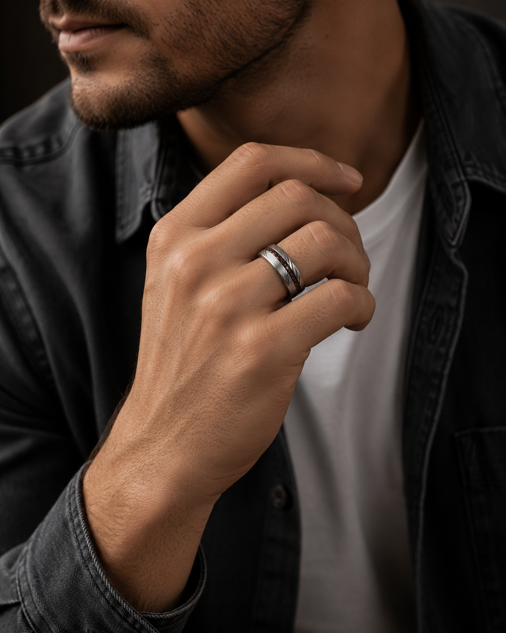 The Phantom | Damascus Steel Ring with Genuine Meteorite Inlay | 8mm