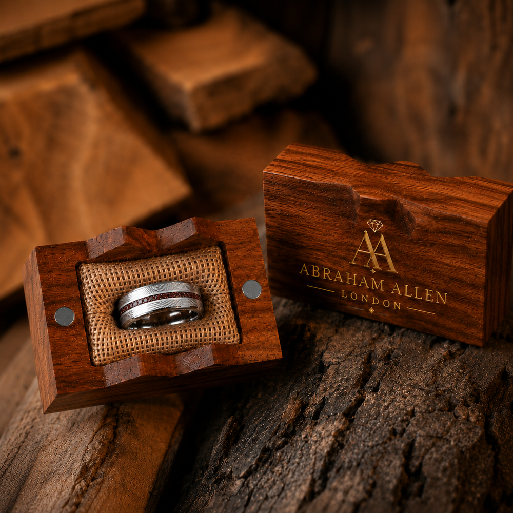 The Phantom | Damascus Steel Ring with Genuine Meteorite Inlay | 8mm