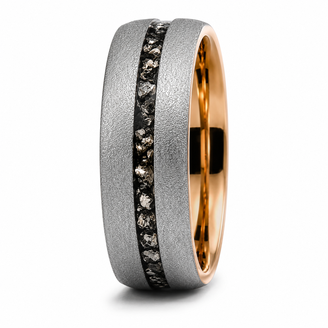The Eventide| Blasted Tungsten Ring with Meteorite Inlay & 18K Rose Gold Interior | 8mm